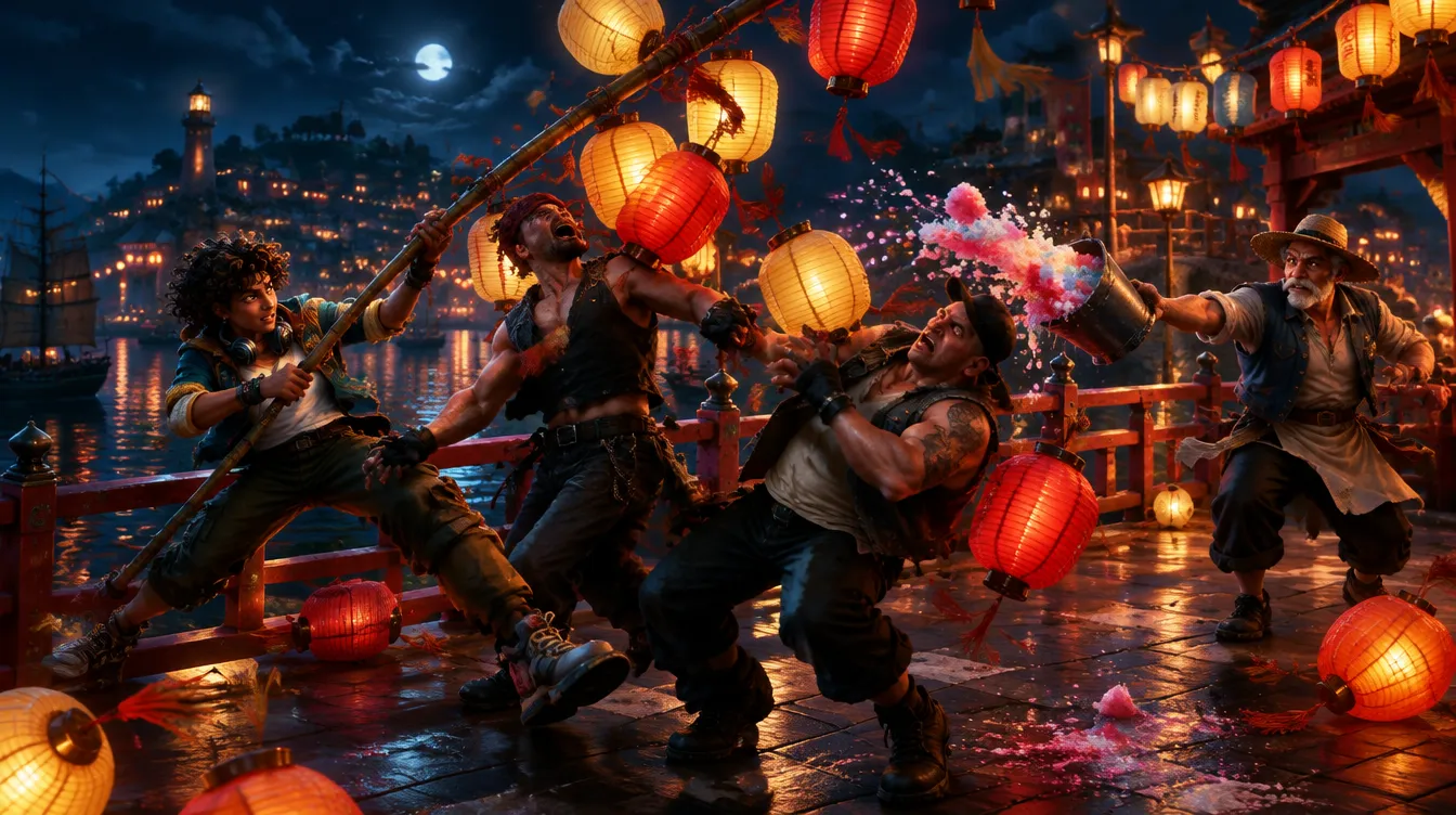 Mina menarik tiang lampion ke arah dua preman, dan Uncle Ferro melempar seember es serut di jembatan festival