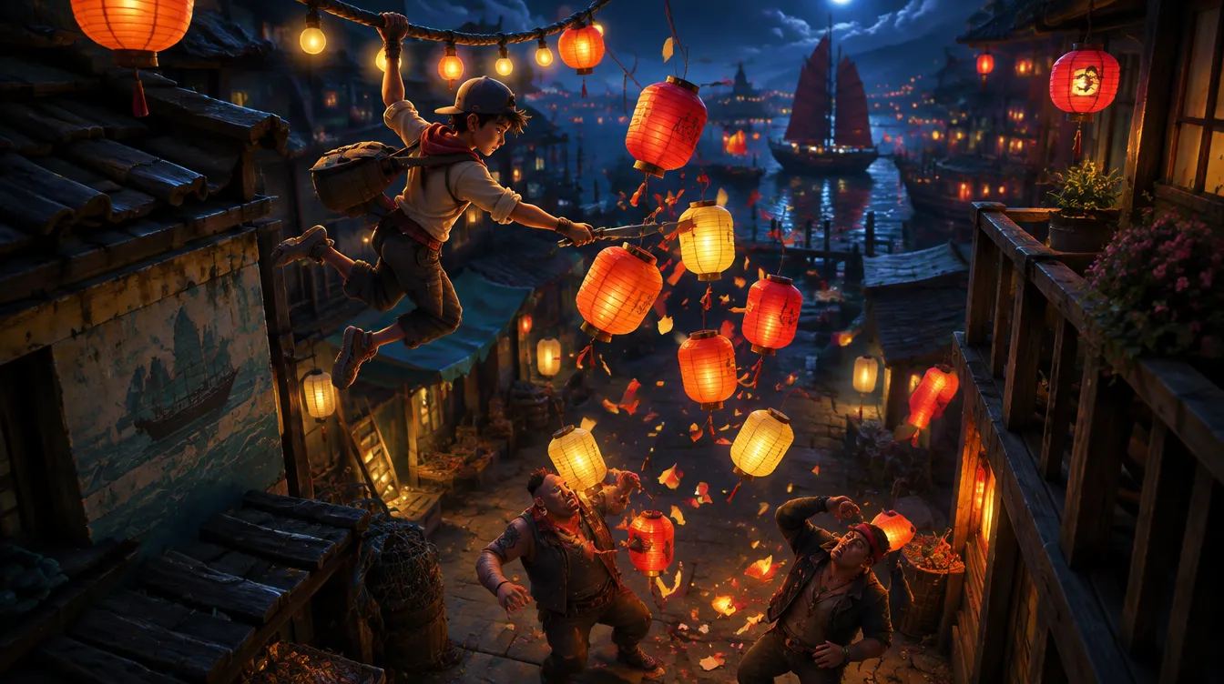 Rook bergelantungan di tali lampu festival dan menjatuhkan lampion ke dua preman di gang